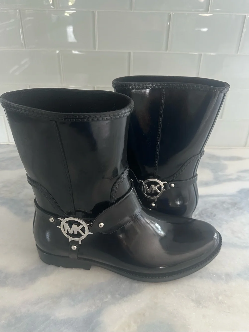 Michael Kors Black Patent Fulton MK Harness Boot  Size 8